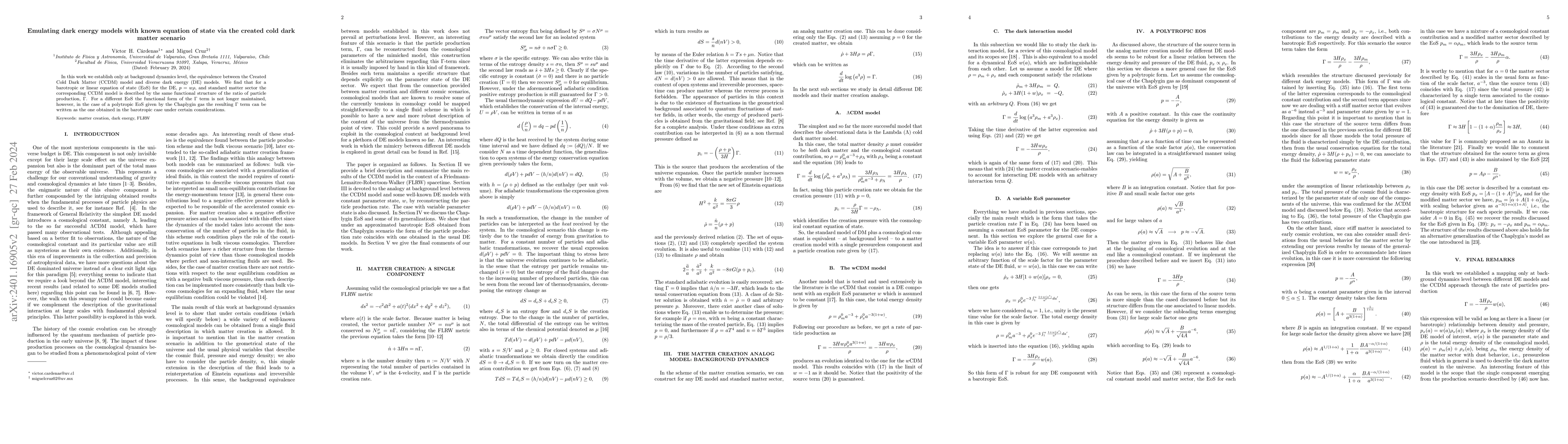 Thumbnail for Emulating dark energy models with known equation of state via the
  created cold dark matter scenario