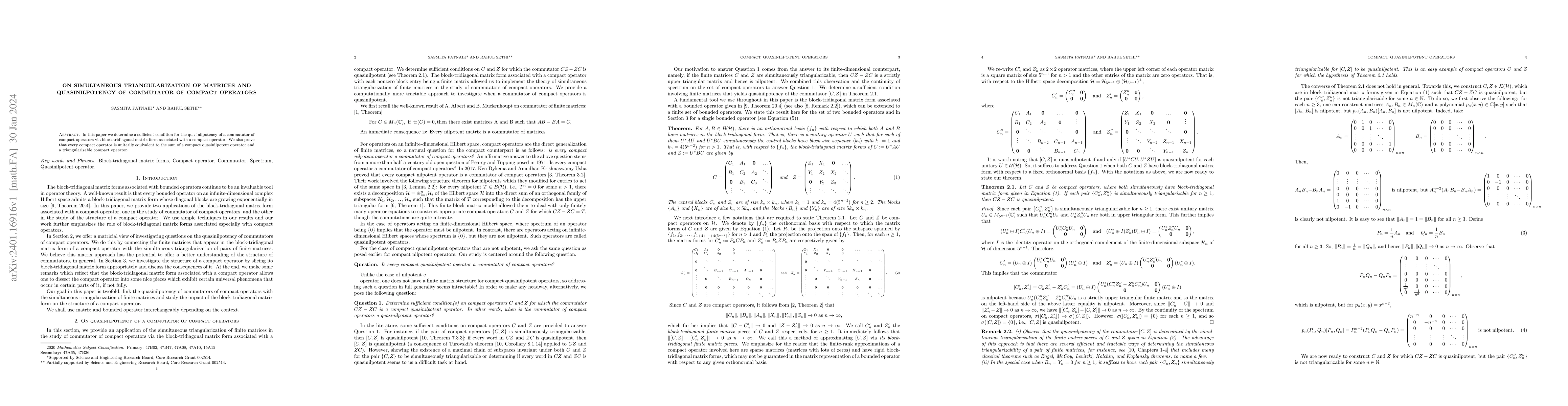 Thumbnail for On Simultaneous Triangularization of Matrices and Quasinilpotency of
  Commutator of Compact Operators