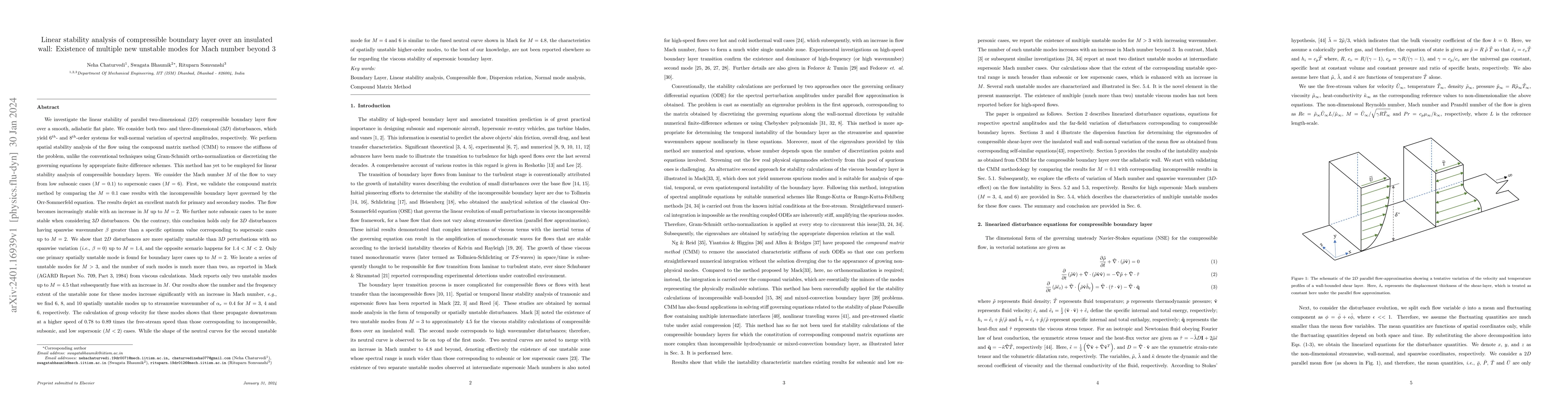 Thumbnail for Linear stability analysis of compressible boundary layer over an
  insulated wall: Existence of multiple new unstable modes for Mach number
  beyond 3