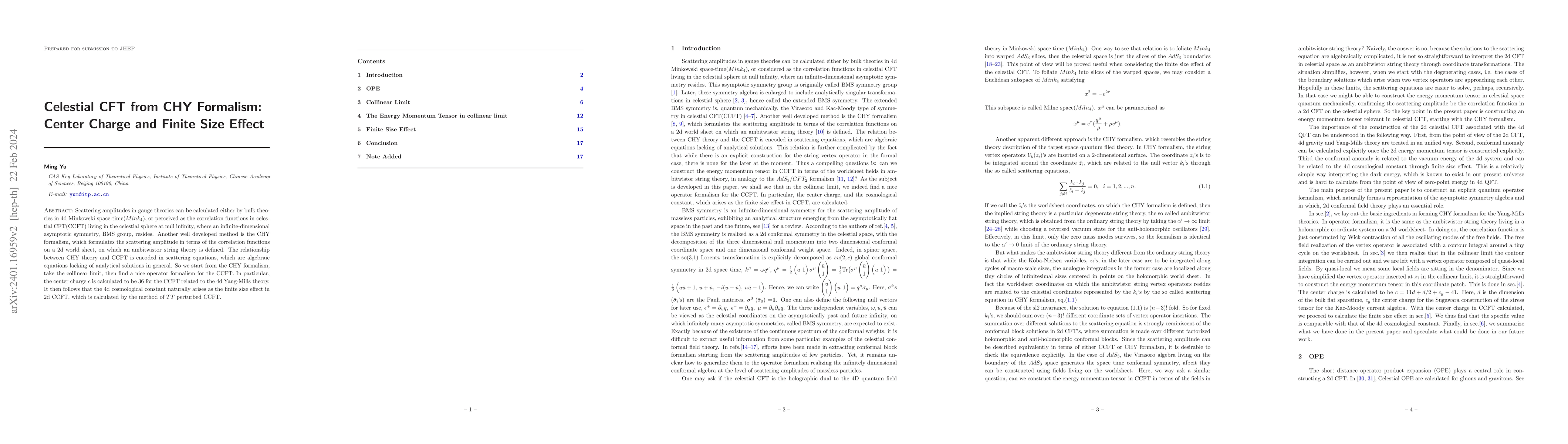 Thumbnail for Celestial CFT from CHY Formalism: Center Charge and Finite Size Effect