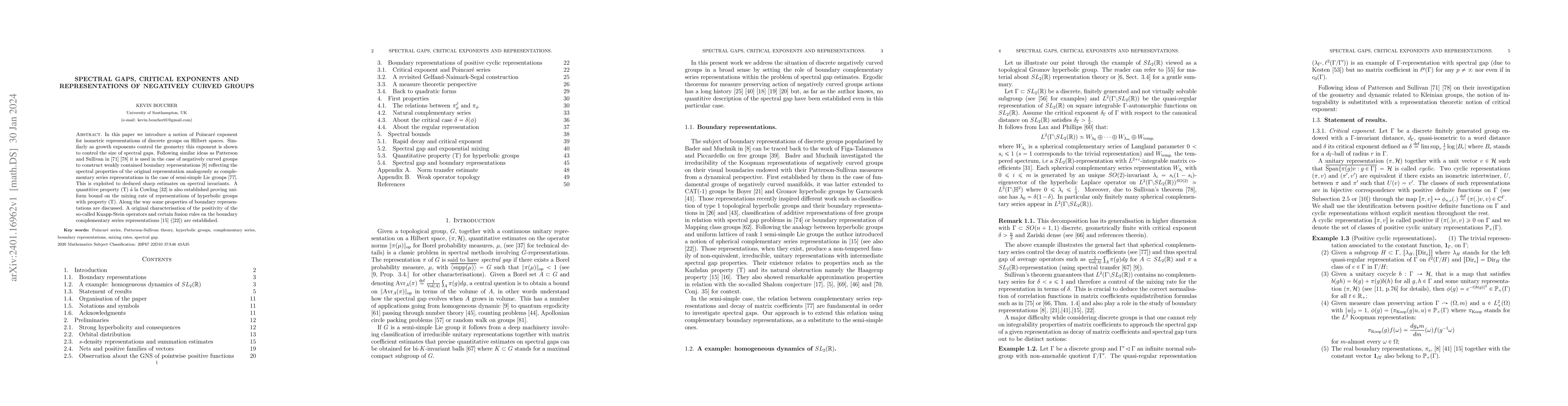 Thumbnail for Spectral gaps, critical exponents and representations of negatively
  curved groups