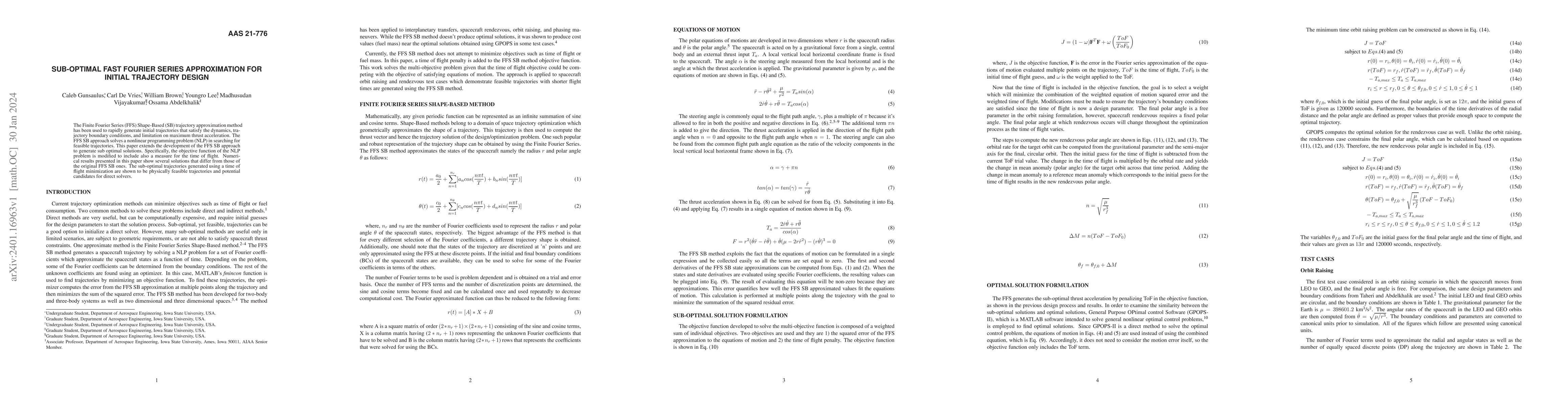 Thumbnail for Sub-Optimal Fast Fourier Series Approximation for Initial Trajectory
  Design
