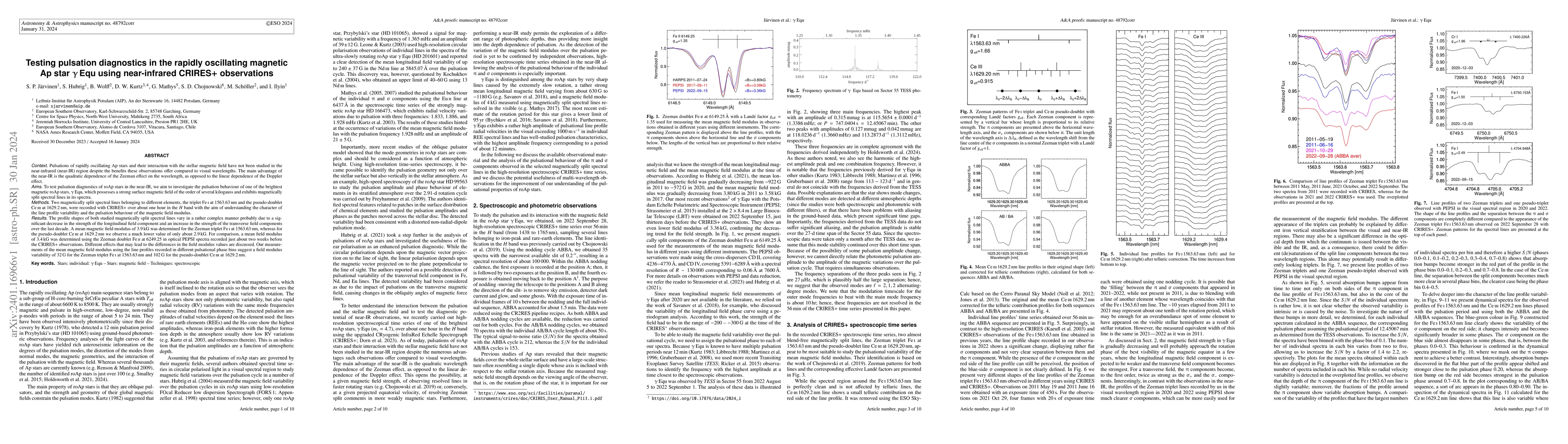 Thumbnail for Testing pulsation diagnostics in the rapidly oscillating magnetic Ap
  star $\gamma$ Equ using near-infrared CRIRES+ observations