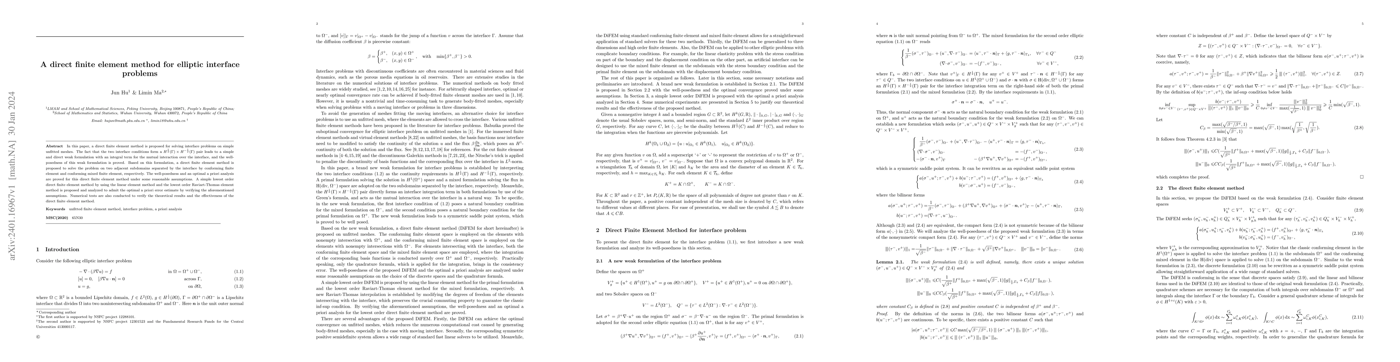 Thumbnail for A direct finite element method for elliptic interface problems