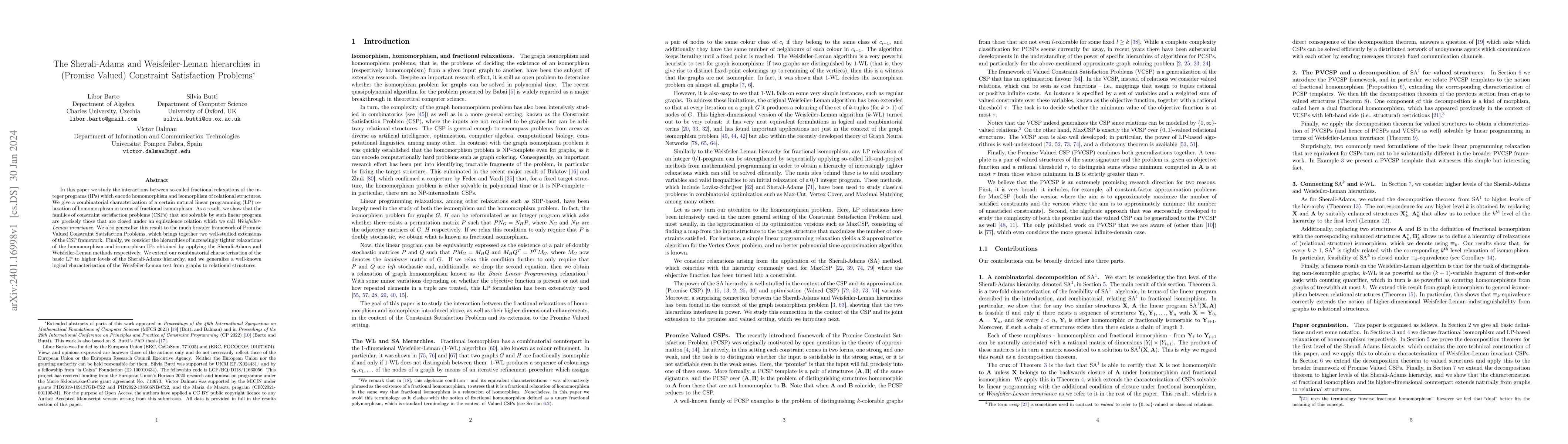 Thumbnail for The Sherali-Adams and Weisfeiler-Leman hierarchies in (Promise Valued)
  Constraint Satisfaction Problems