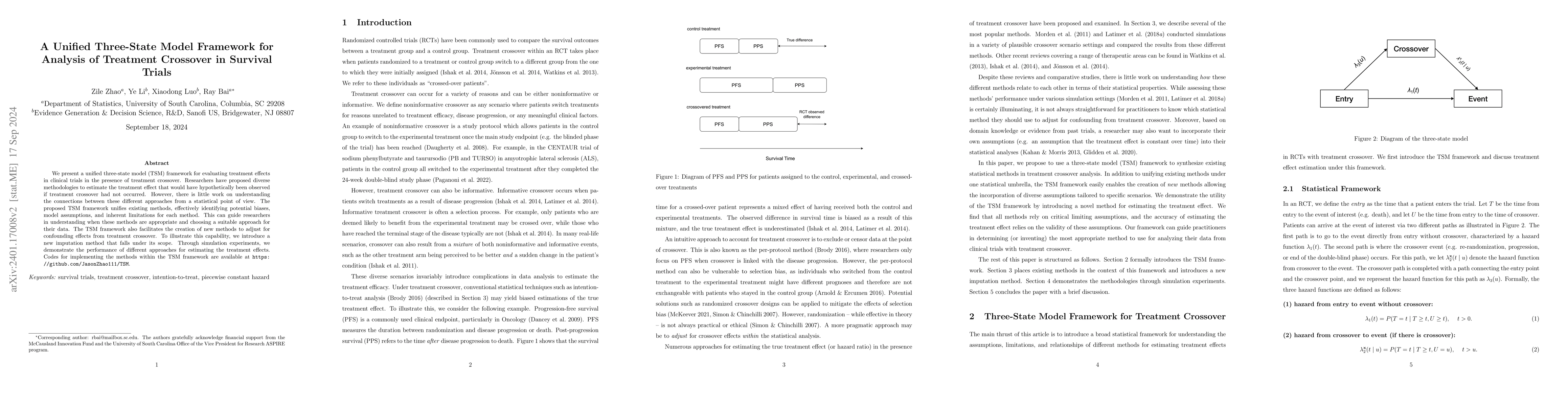 Thumbnail for A Unified Three-State Model Framework for Analysis of Treatment
  Crossover in Survival Trials