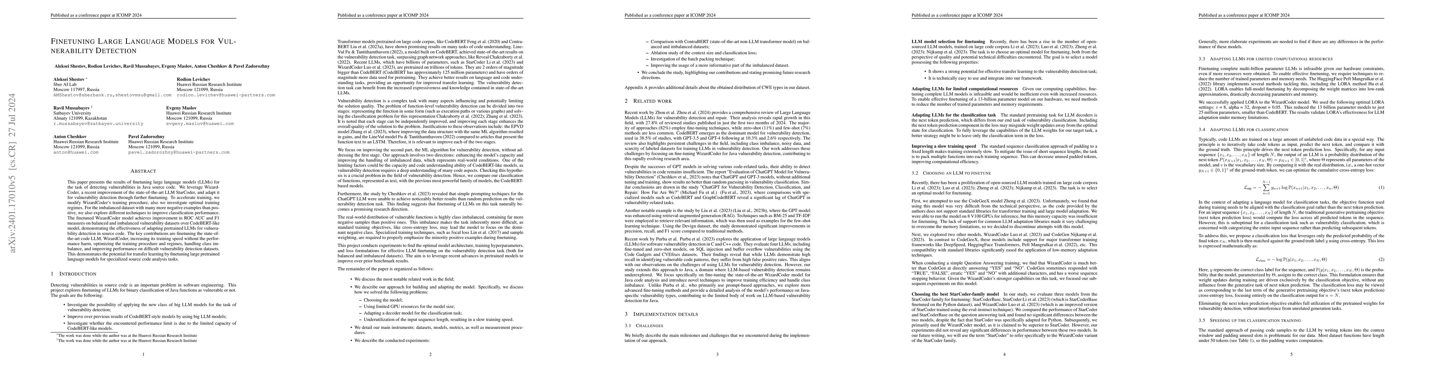 Thumbnail for Finetuning Large Language Models for Vulnerability Detection