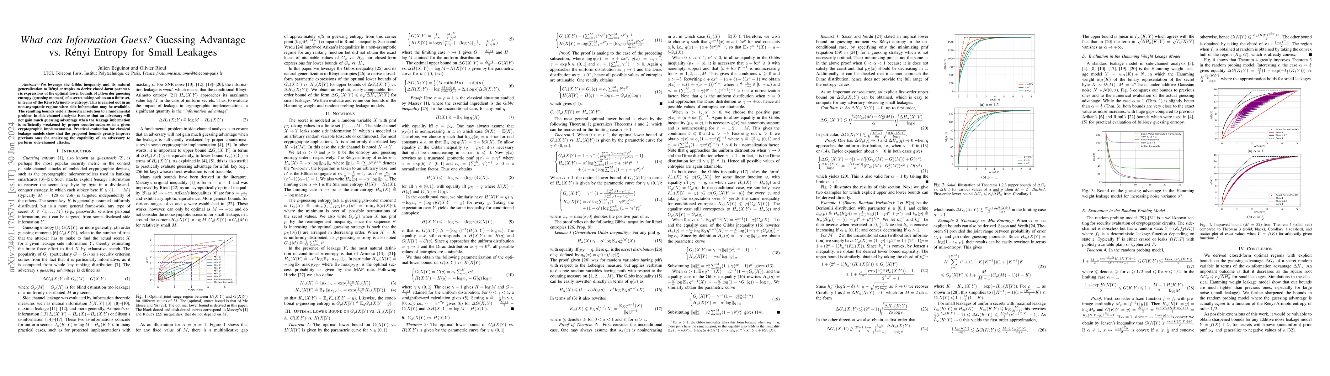 Thumbnail for What can Information Guess? Guessing Advantage vs. R\'enyi Entropy for
  Small Leakages