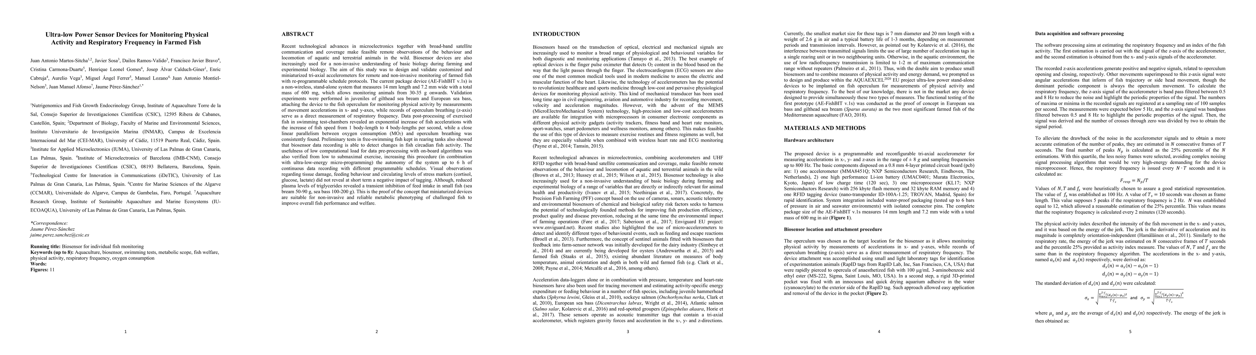 Thumbnail for Ultra-low power sensor devices for monitoring physical activity and
  respiratory frequency in farmed fish
