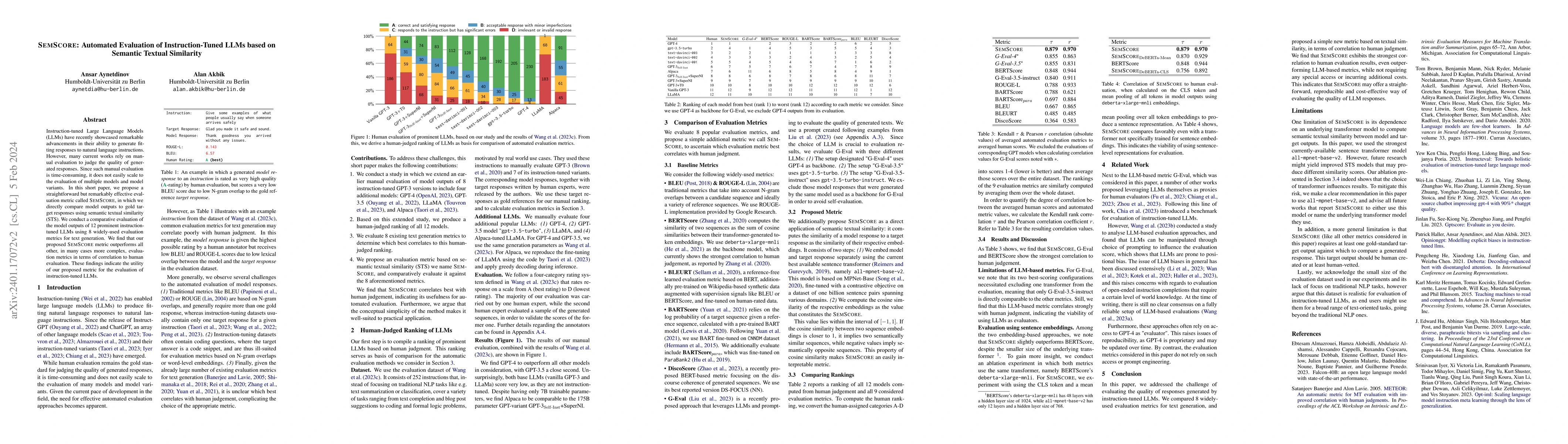 Thumbnail for SemScore: Automated Evaluation of Instruction-Tuned LLMs based on
  Semantic Textual Similarity