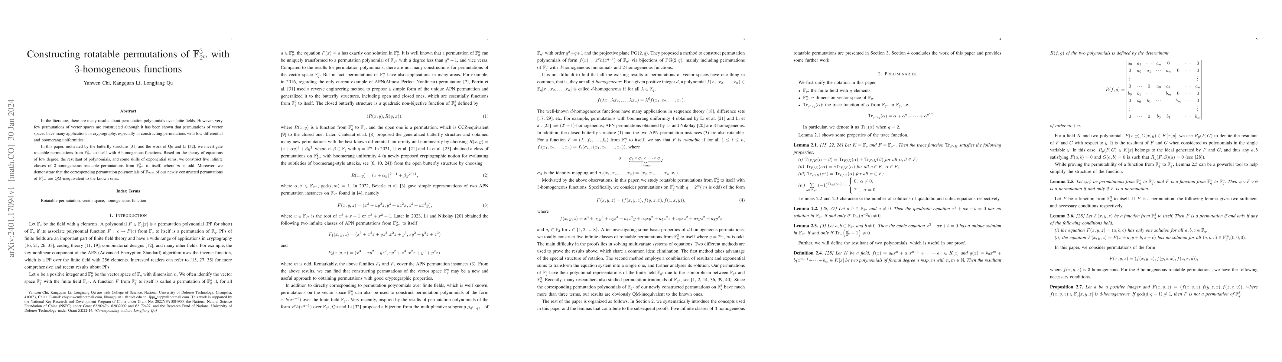 Thumbnail for Constructing rotatable permutations of $\mathbb{F}_{2^m}^3$ with
  $3$-homogeneous functions