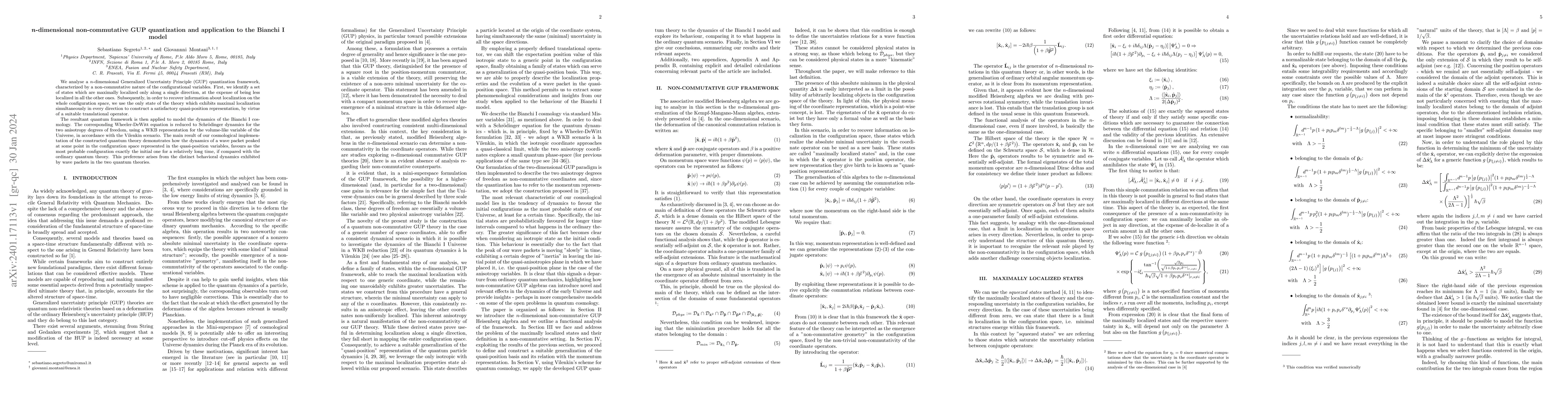 Thumbnail for n-dimensional non-commutative GUP quantization and application to the
  Bianchi I model