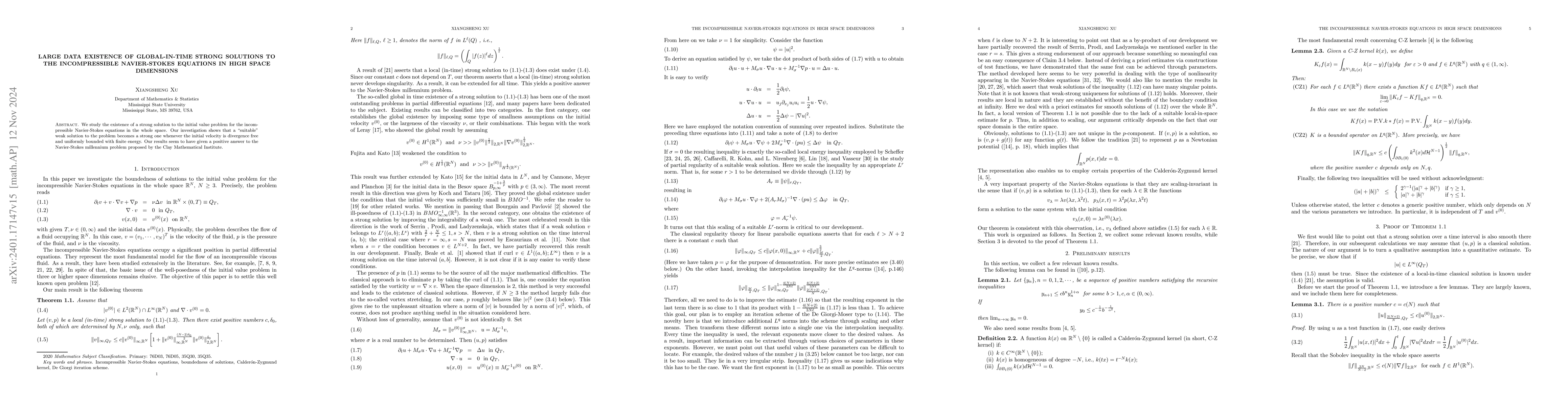 Thumbnail for Large data existence of global-in-time strong solutions to the
  incompressible Navier-Stokes equations in high space dimensions