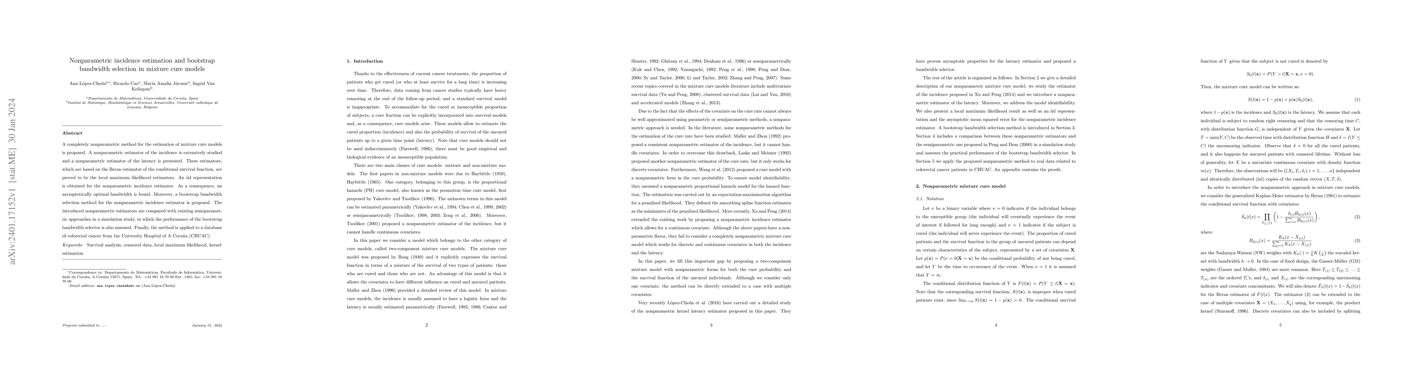 Thumbnail for Nonparametric incidence estimation and bootstrap bandwidth selection in
  mixture cure models