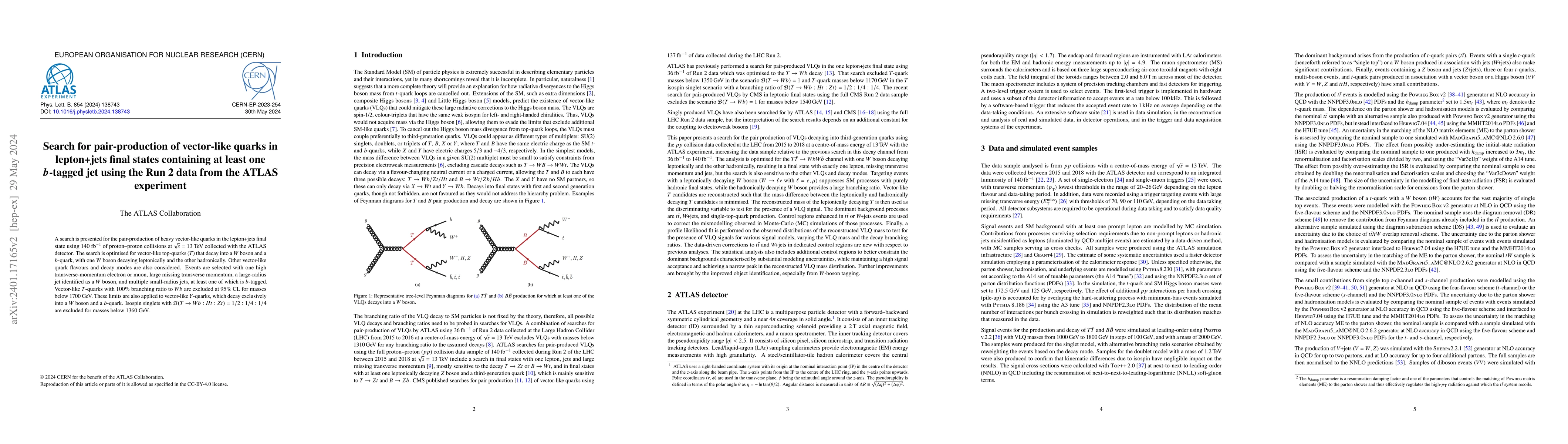 Thumbnail for Search for pair-production of vector-like quarks in lepton+jets final
  states containing at least one $b$-tagged jet using the Run 2 data from the
  ATLAS experiment