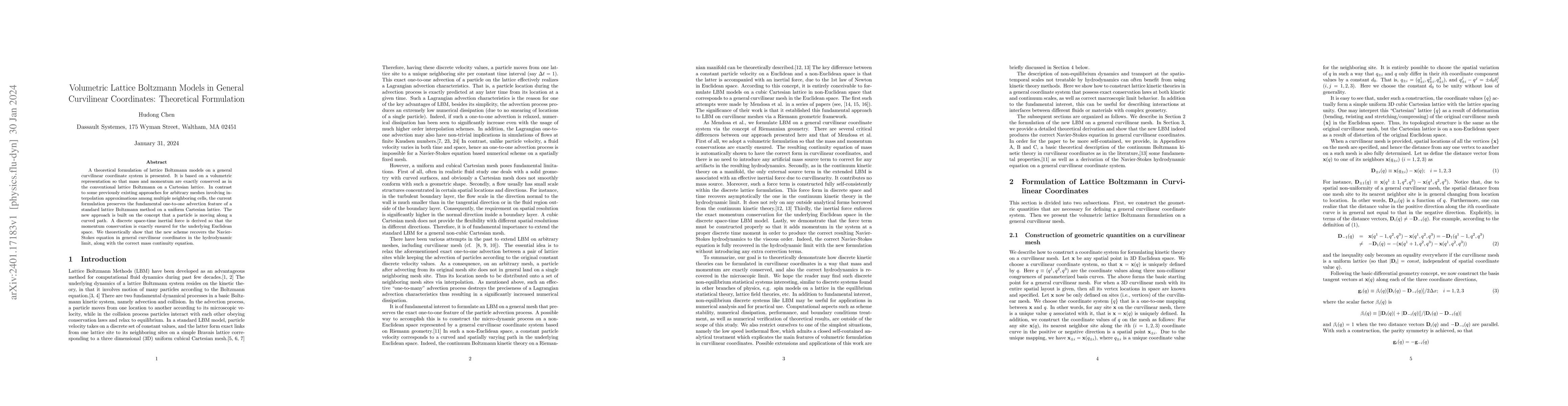 Thumbnail for Volumetric Lattice Boltzmann Models in General Curvilinear Coordinates:
  Theoretical Formulation