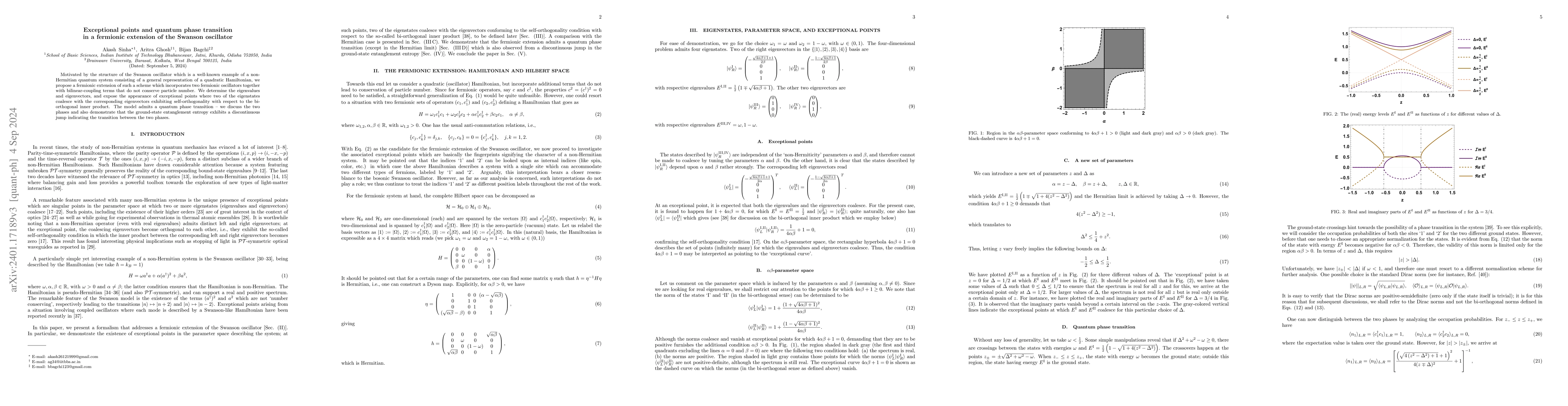 Thumbnail for Exceptional points and ground-state entanglement spectrum of a fermionic
  extension of the Swanson oscillator