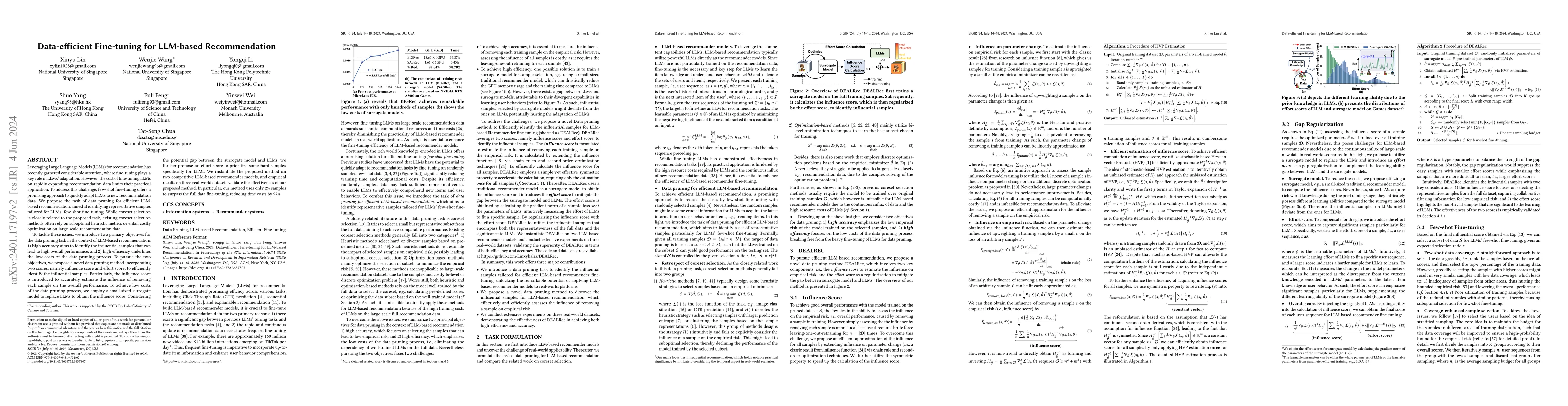 Thumbnail for Data-efficient Fine-tuning for LLM-based Recommendation