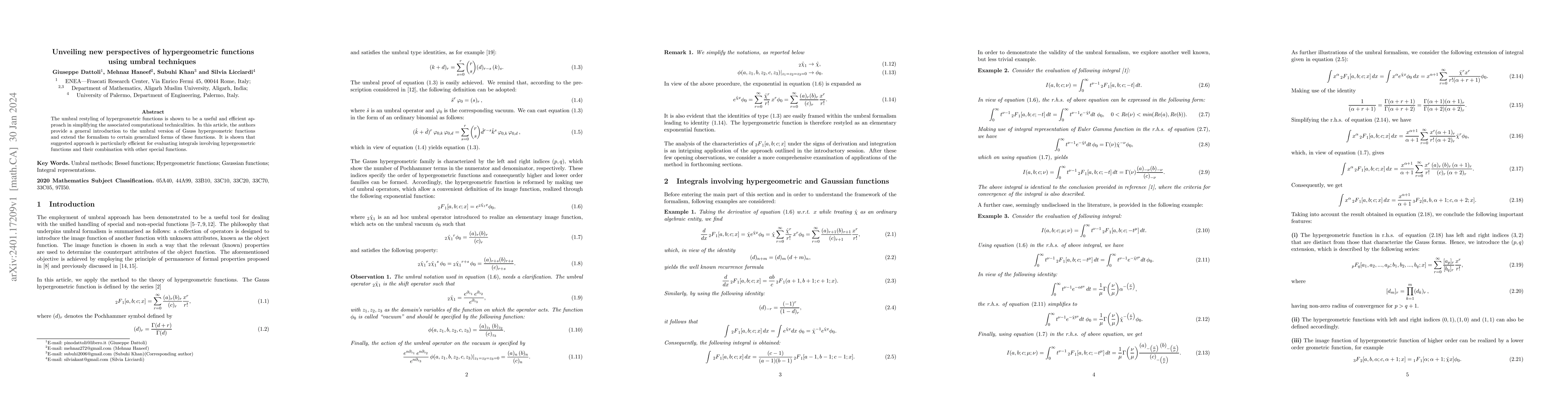 Thumbnail for Unveiling new perspectives of hypergeometric functions using umbral
  techniques