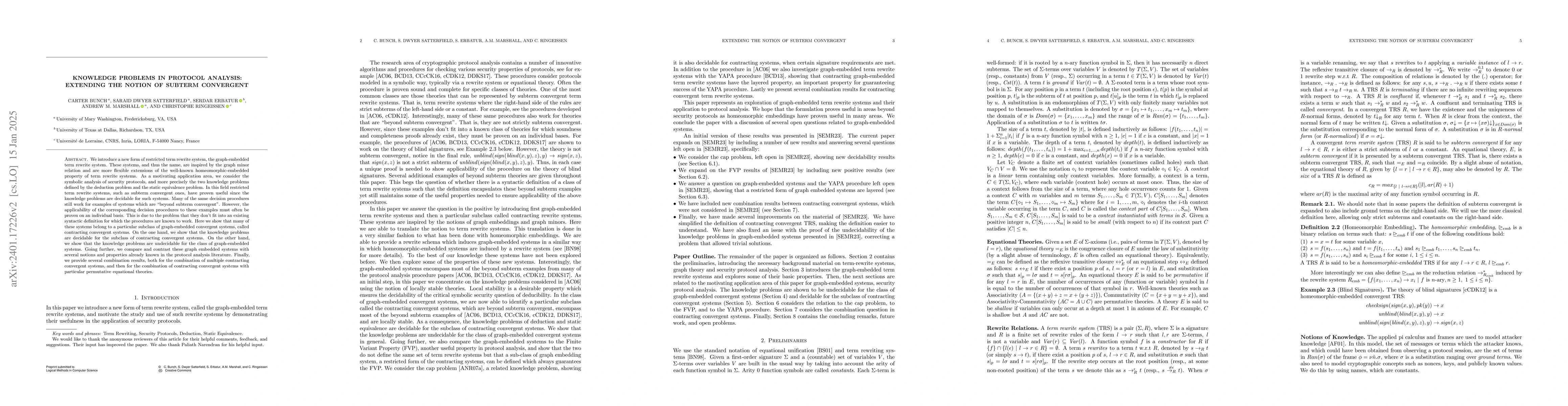 Thumbnail for Knowledge Problems in Protocol Analysis: Extending the Notion of Subterm
  Convergent