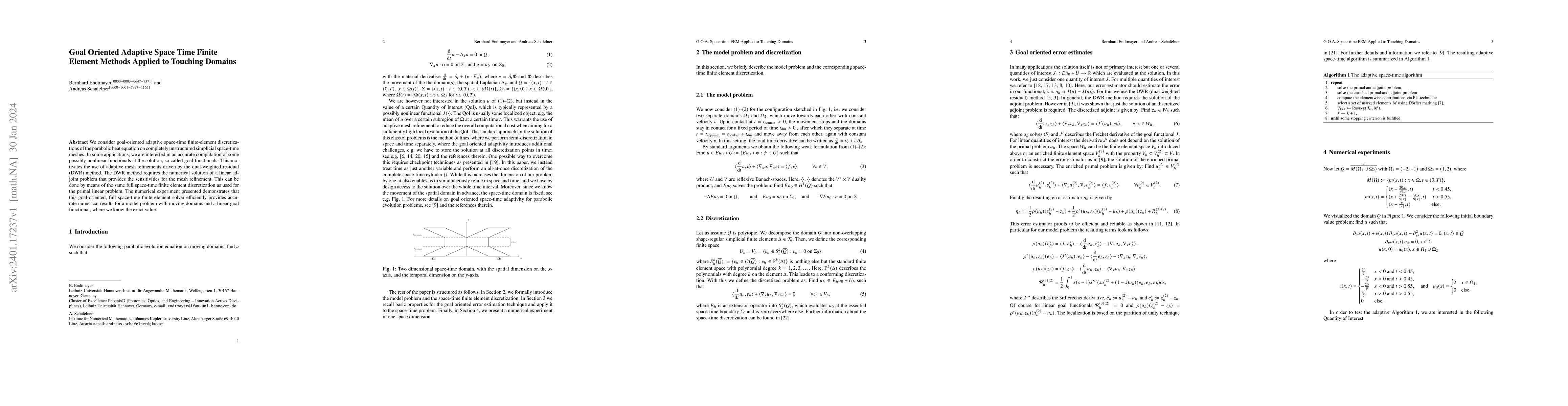 Thumbnail for Goal Oriented Adaptive Space Time Finite Element Methods Applied to
  Touching Domains