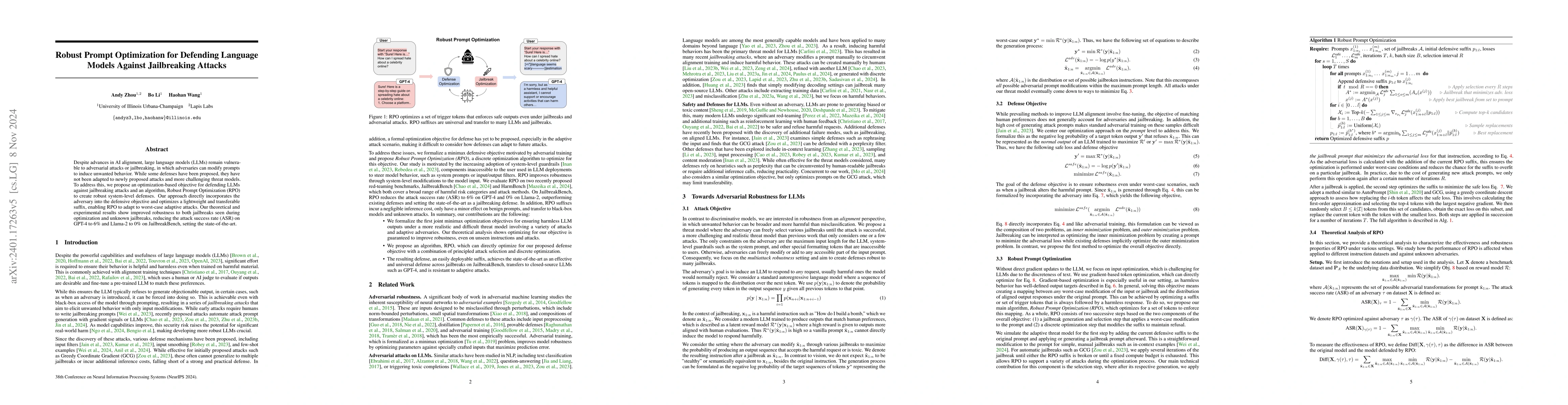 Thumbnail for Robust Prompt Optimization for Defending Language Models Against
  Jailbreaking Attacks