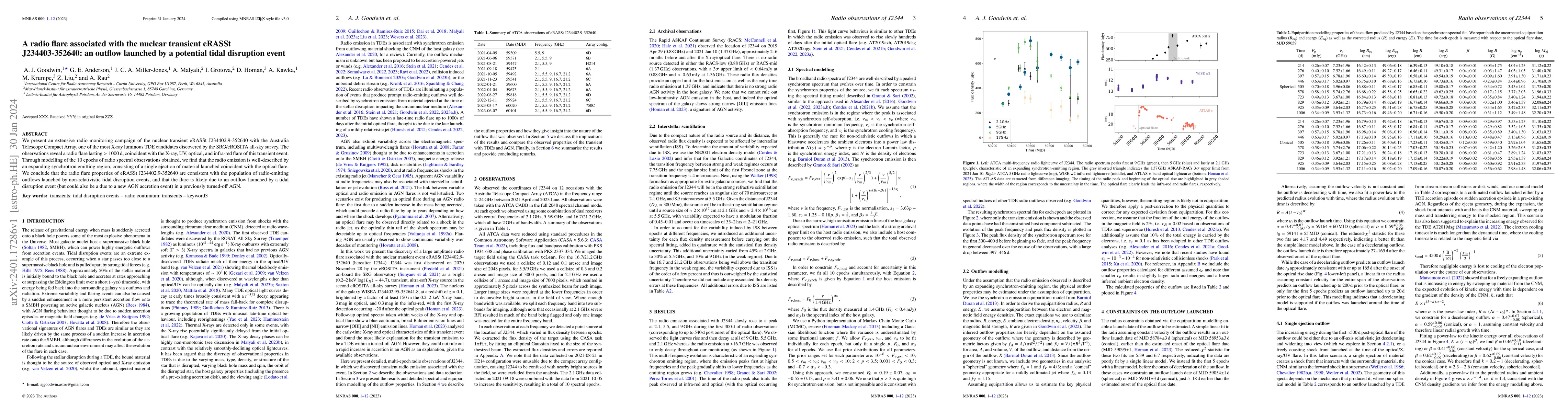 Thumbnail for A radio flare associated with the nuclear transient eRASSt
  J234403-352640: an outflow launched by a potential tidal disruption event