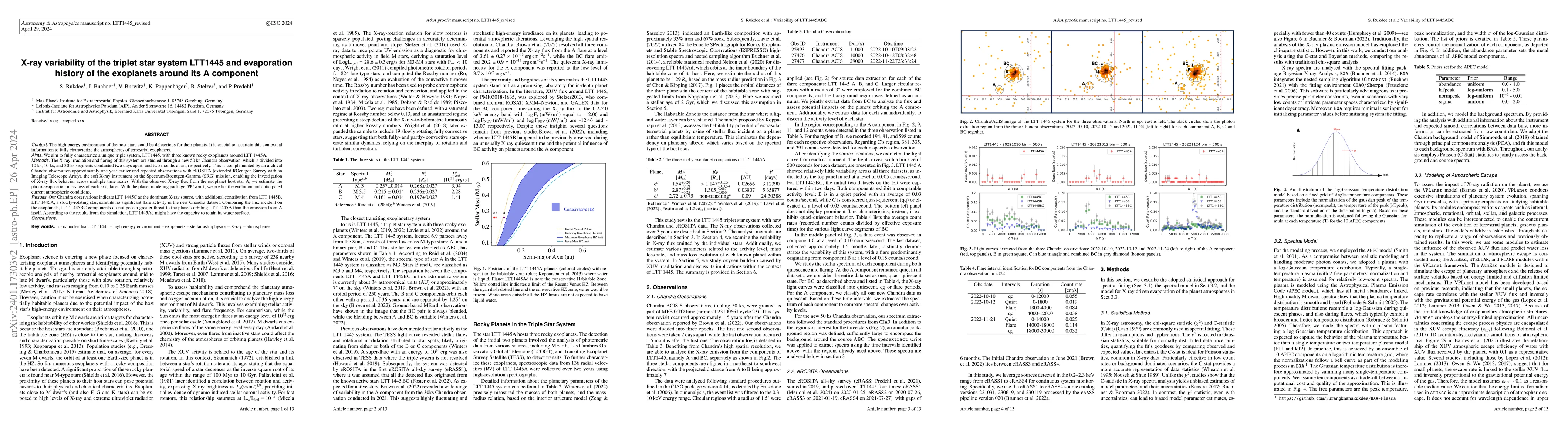Thumbnail for X-ray variability of the triplet star system LTT1445 and evaporation
  history of the exoplanets around its A component
