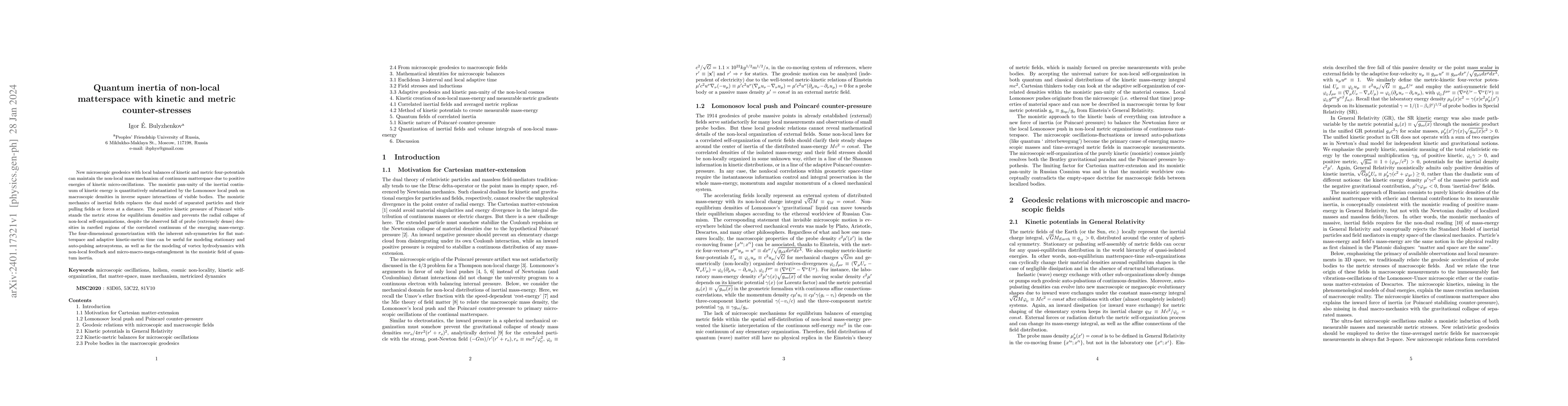 Thumbnail for Quantum inertia of non-local matterspace with kinetic and metric
  counter-stresses