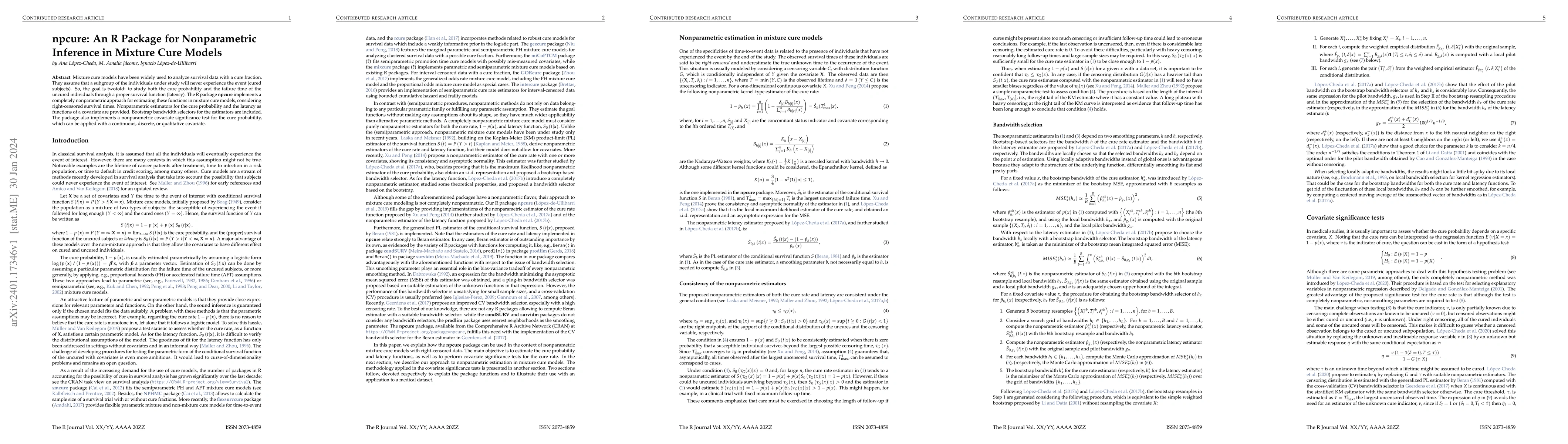 Thumbnail for npcure: An R Package for Nonparametric Inference in Mixture Cure Models