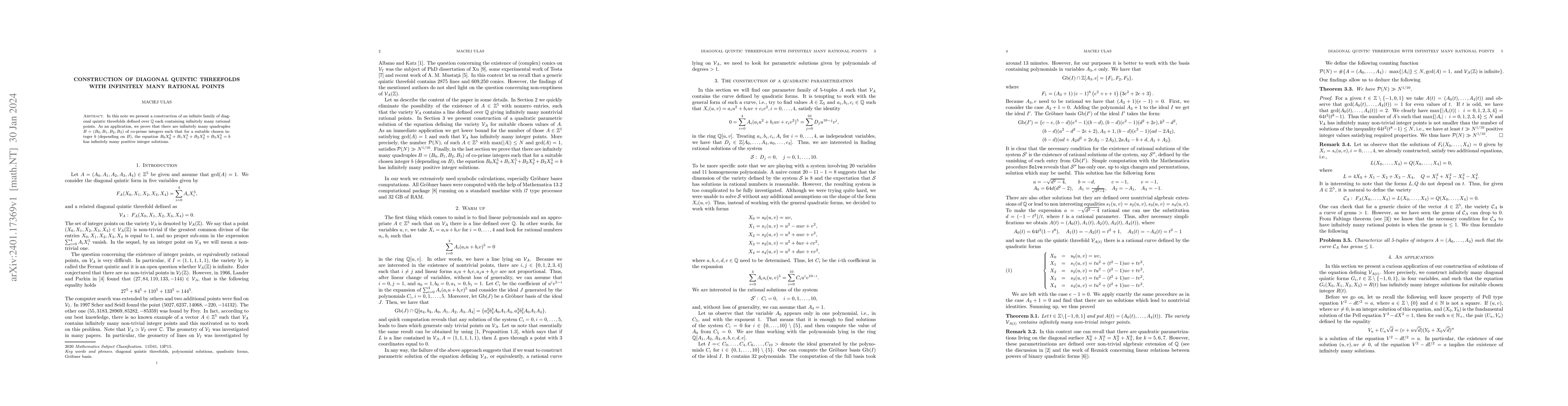 Thumbnail for Construction of diagonal quintic threefolds with infinitely many
  rational points