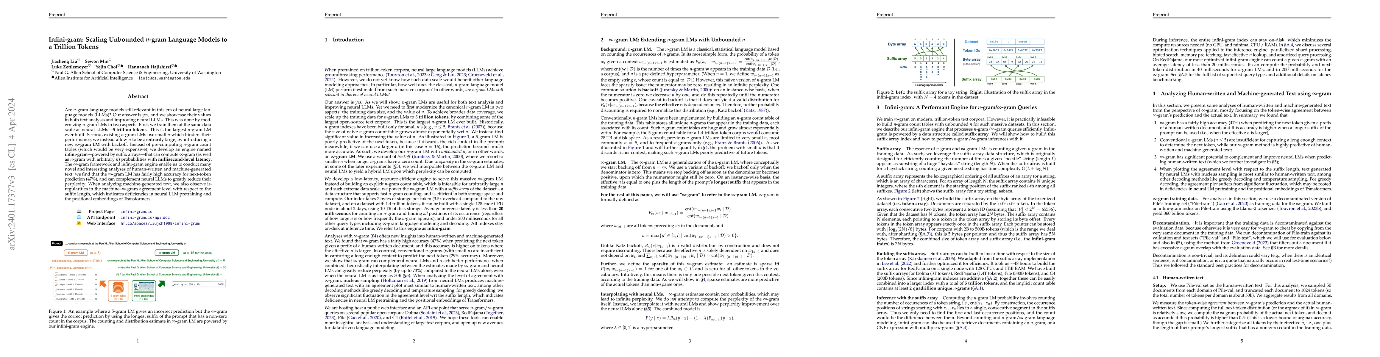 Thumbnail for Infini-gram: Scaling Unbounded n-gram Language Models to a Trillion
  Tokens