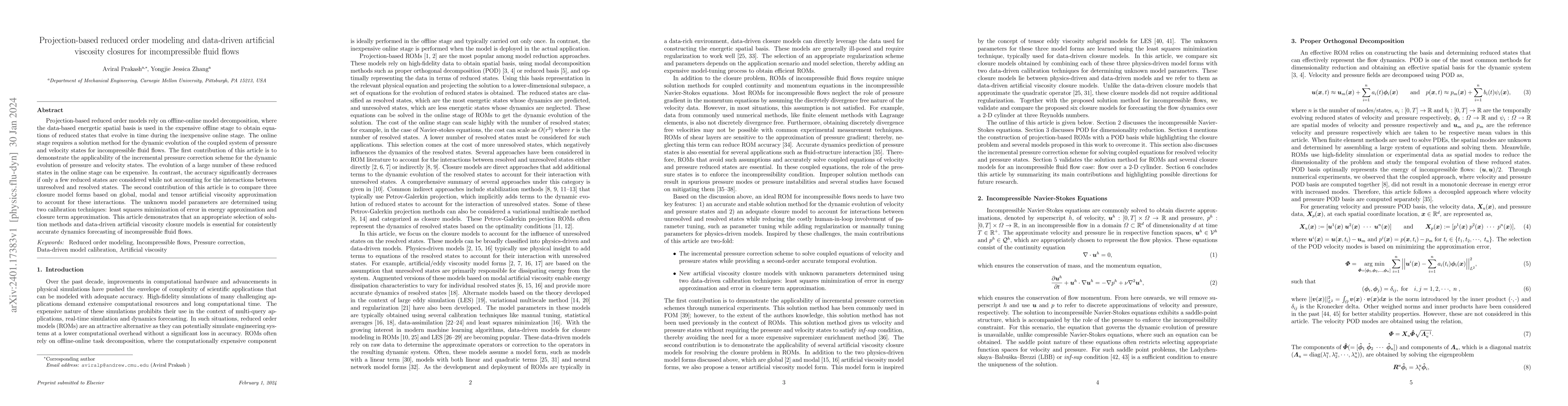 Thumbnail for Projection-based reduced order modeling and data-driven artificial
  viscosity closures for incompressible fluid flows