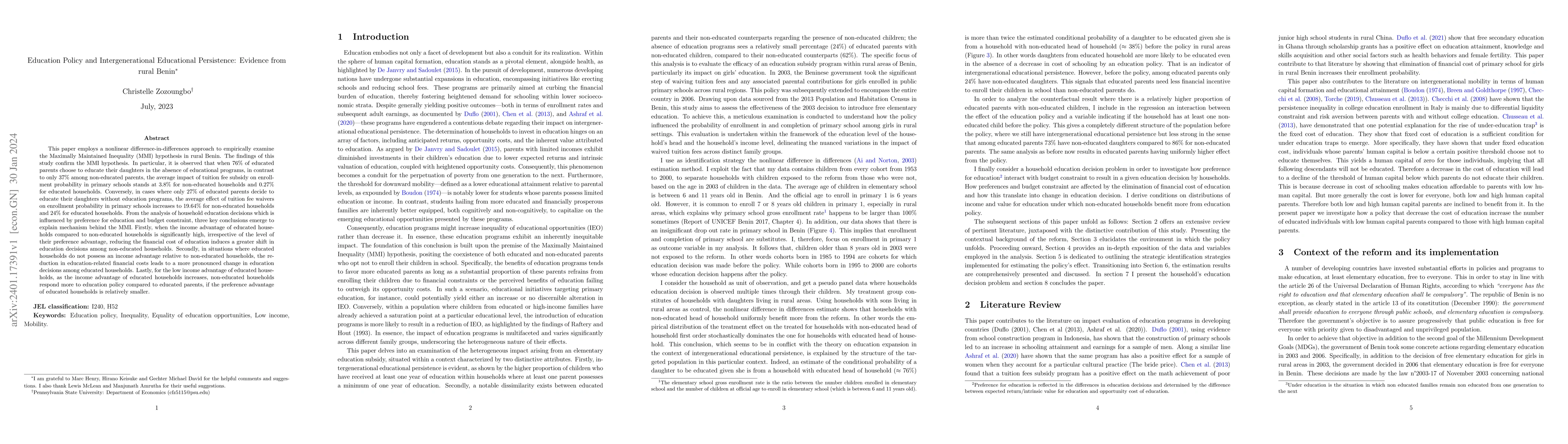 Thumbnail for Education Policy and Intergenerational Educational Persistence: Evidence
  from rural Benin