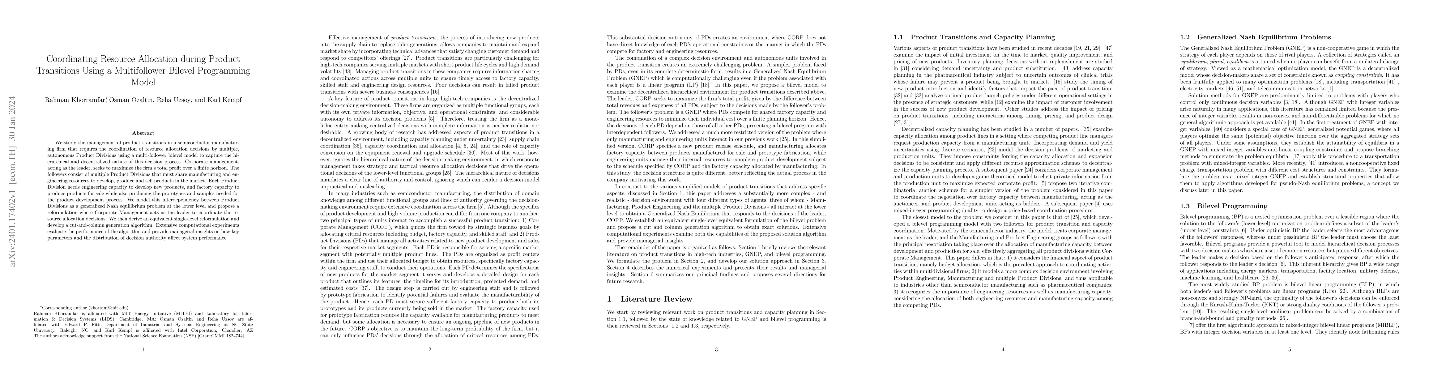 Thumbnail for Coordinating Resource Allocation during Product Transitions Using a
  Multifollower Bilevel Programming Model