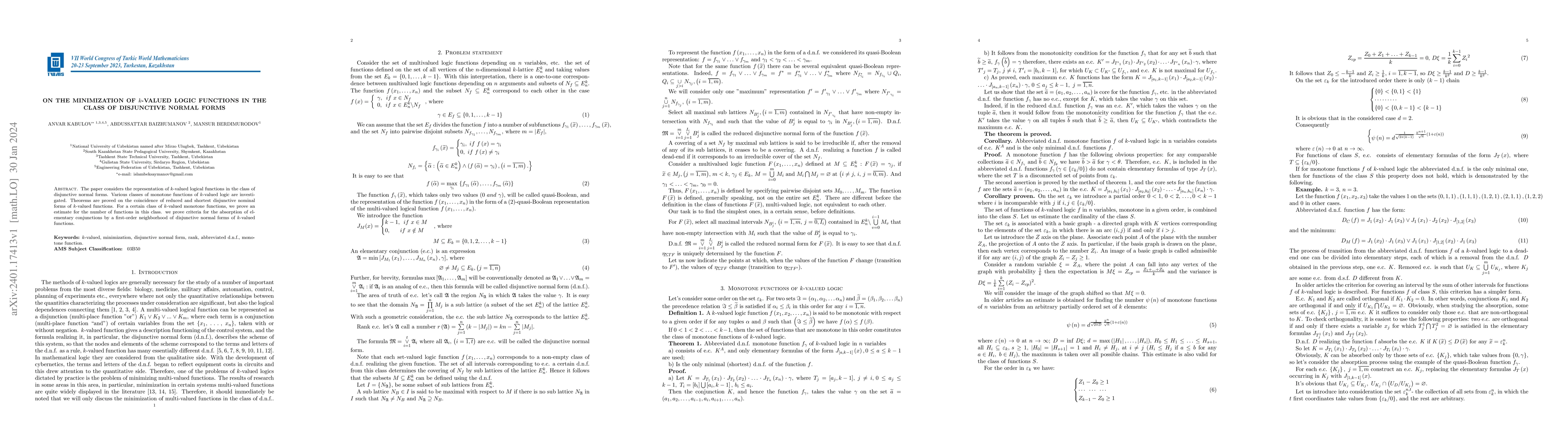 Thumbnail for On the minimization k-valued logic functions in the class of disjunctive
  normal forms