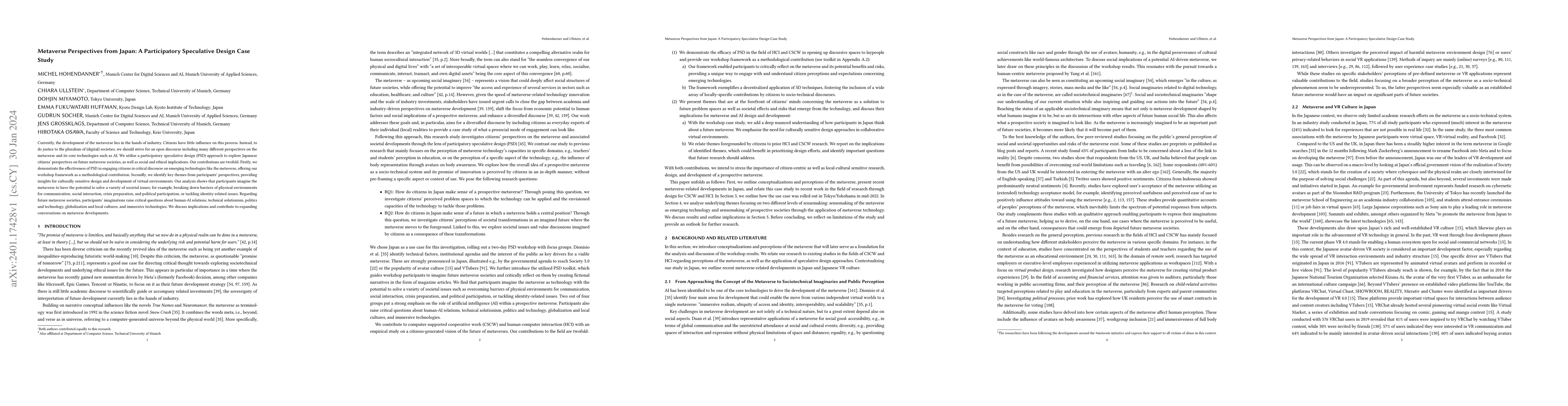 Thumbnail for Metaverse Perspectives from Japan: A Participatory Speculative Design
  Case Study