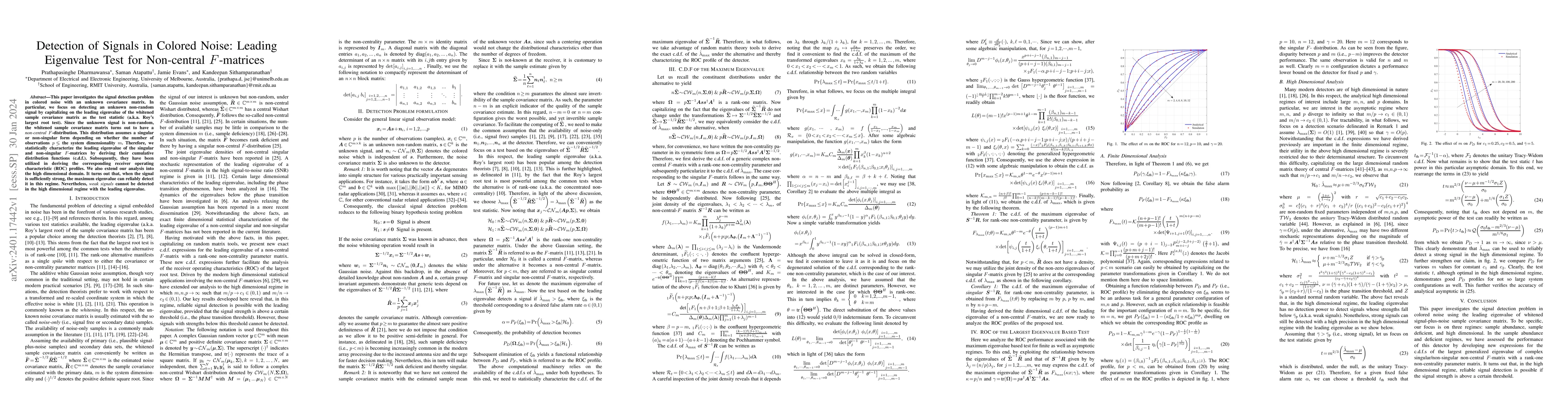 Thumbnail for Detection of Signals in Colored Noise: Leading Eigenvalue Test for
  Non-central $F$-matrices