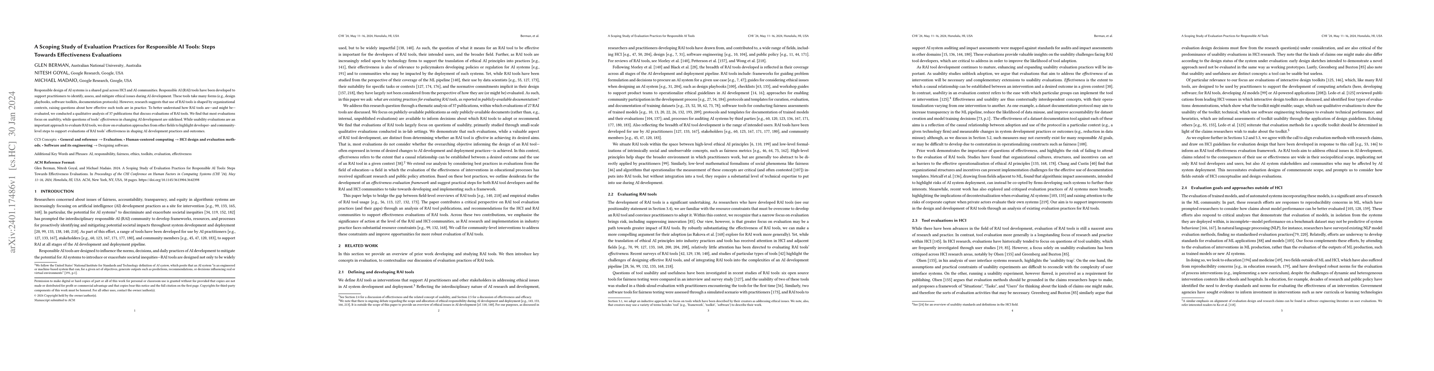 Thumbnail for A Scoping Study of Evaluation Practices for Responsible AI Tools: Steps
  Towards Effectiveness Evaluations
