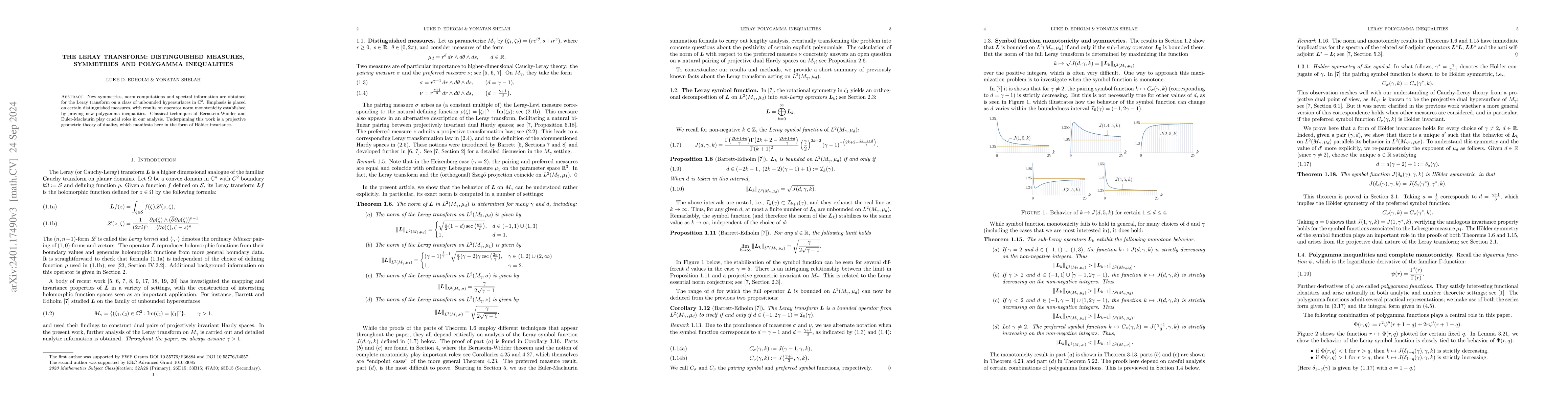 Thumbnail for The Leray transform: distinguished measures, symmetries and polygamma
  inequalities