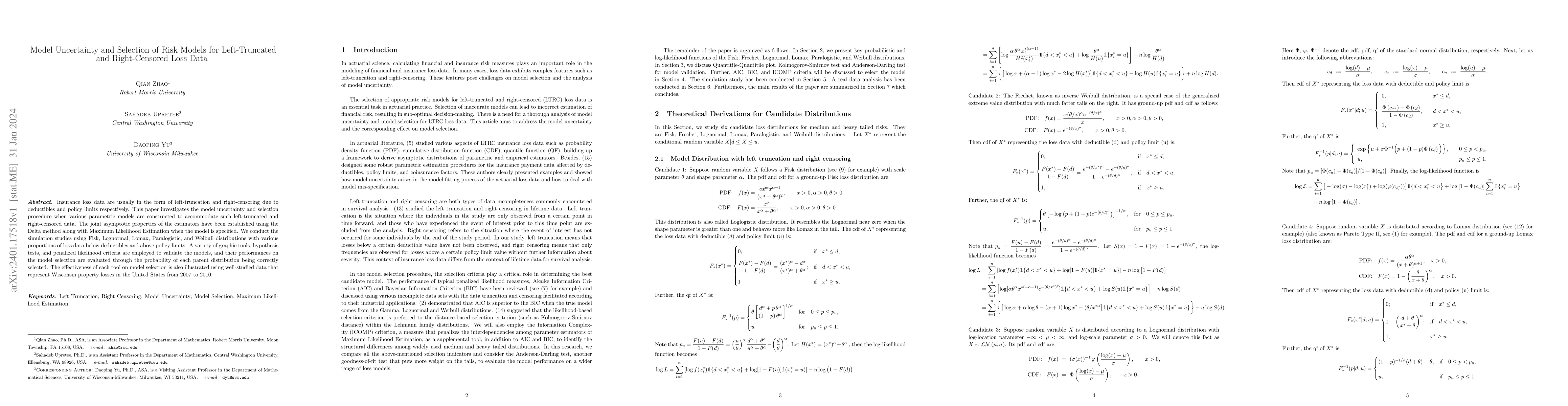 Thumbnail for Model Uncertainty and Selection of Risk Models for Left-Truncated and
  Right-Censored Loss Data