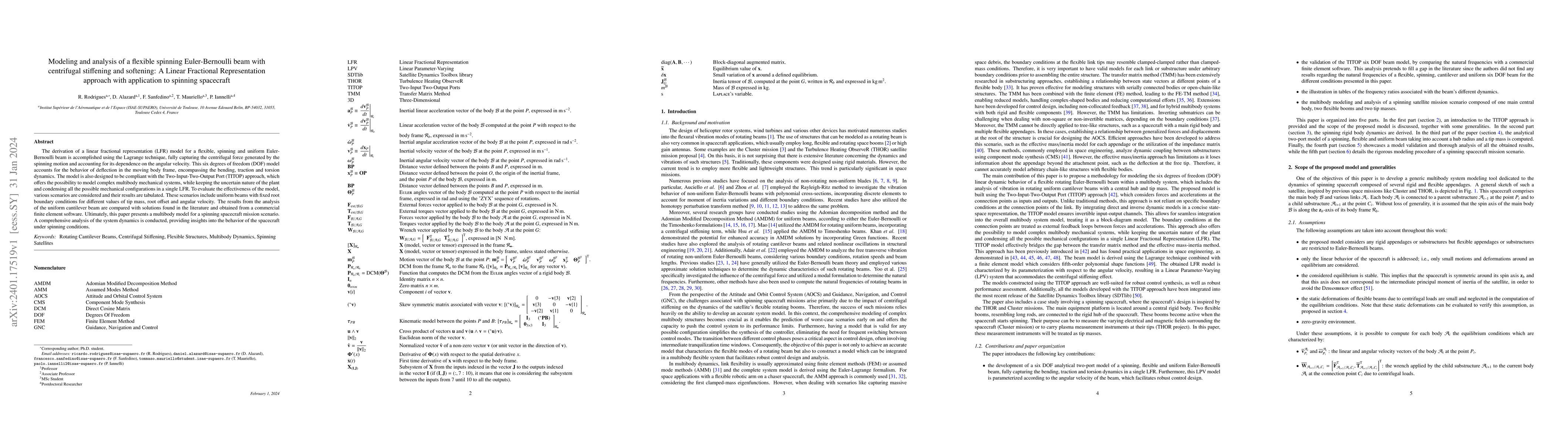 Thumbnail for Modeling and analysis of a flexible spinning Euler-Bernoulli beam with
  centrifugal stiffening and softening: A Linear Fractional Representation
  approach with application to spinning spacecraft