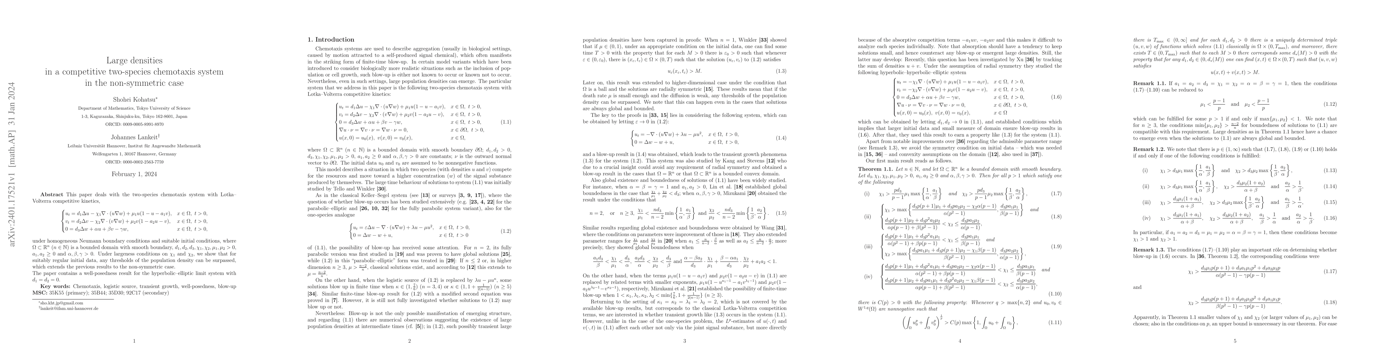 Thumbnail for Large densities in a competitive two-species chemotaxis system in the
  non-symmetric case