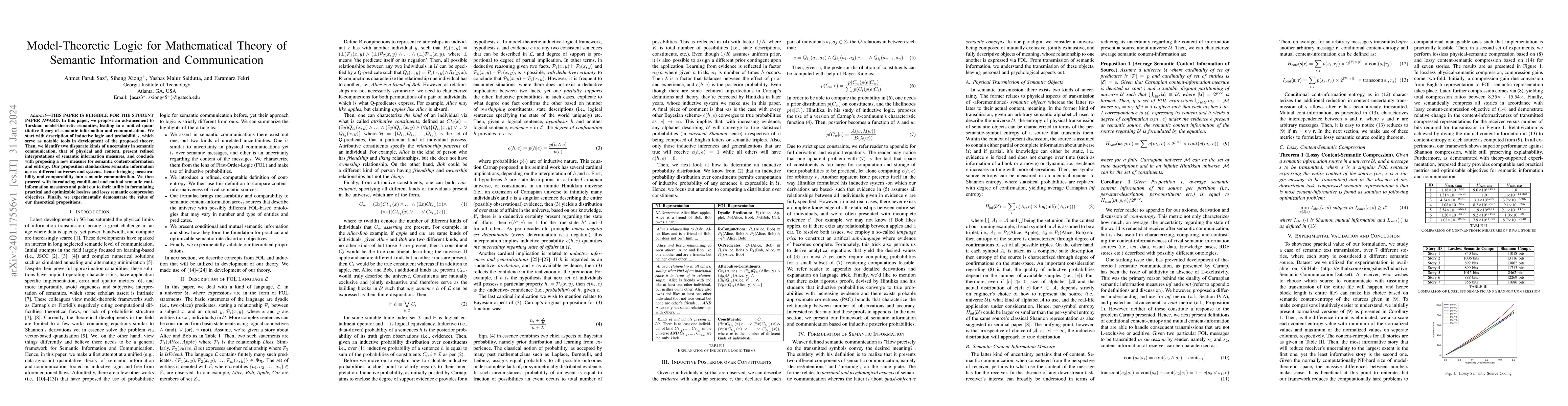 Thumbnail for Model-Theoretic Logic for Mathematical Theory of Semantic Information
  and Communication