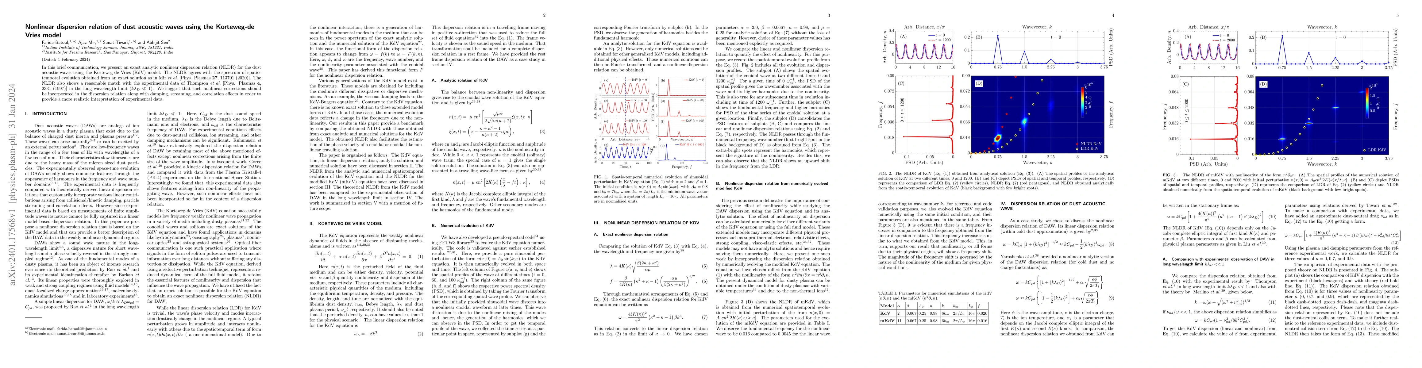 Thumbnail for Nonlinear dispersion relation of dust acoustic waves using the
  Korteweg-de Vries model
