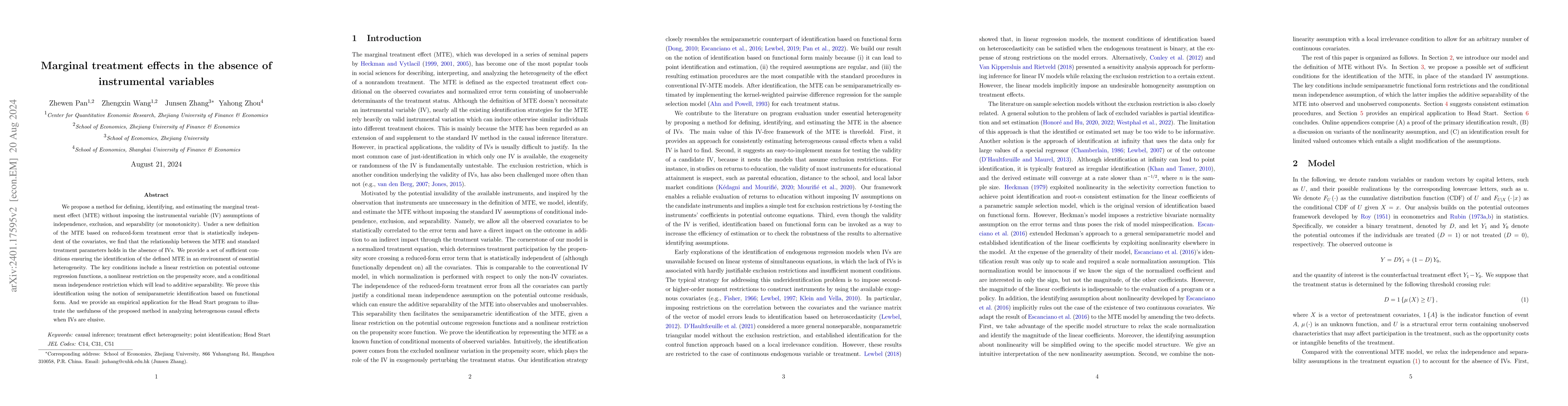 Thumbnail for Marginal treatment effects in the absence of instrumental variables