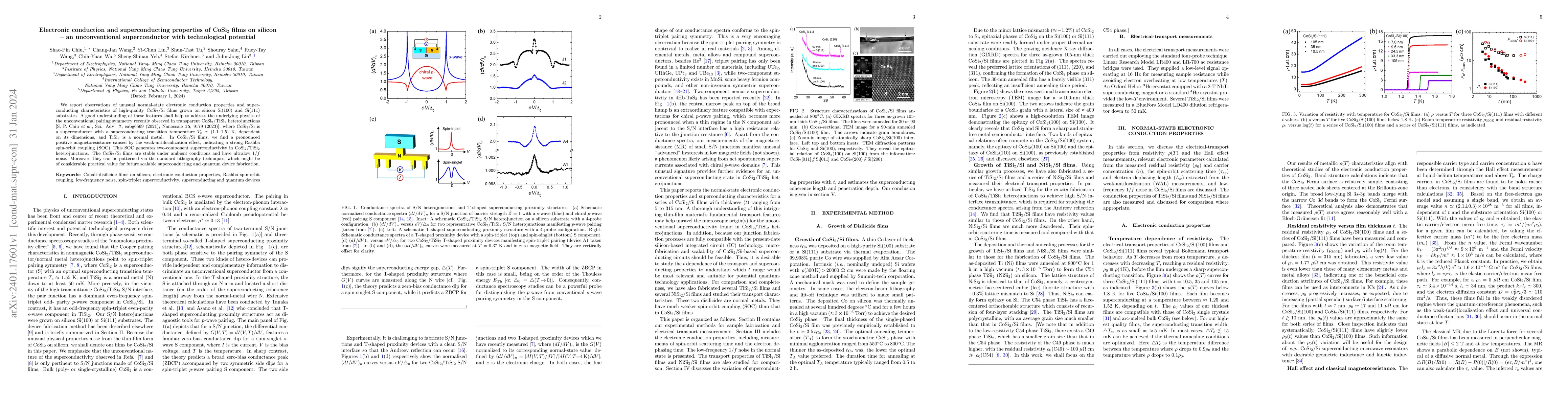Thumbnail for Electronic conduction and superconducting properties of CoSi$_2$ films
  on silicon--an unconventional superconductor with technological potential