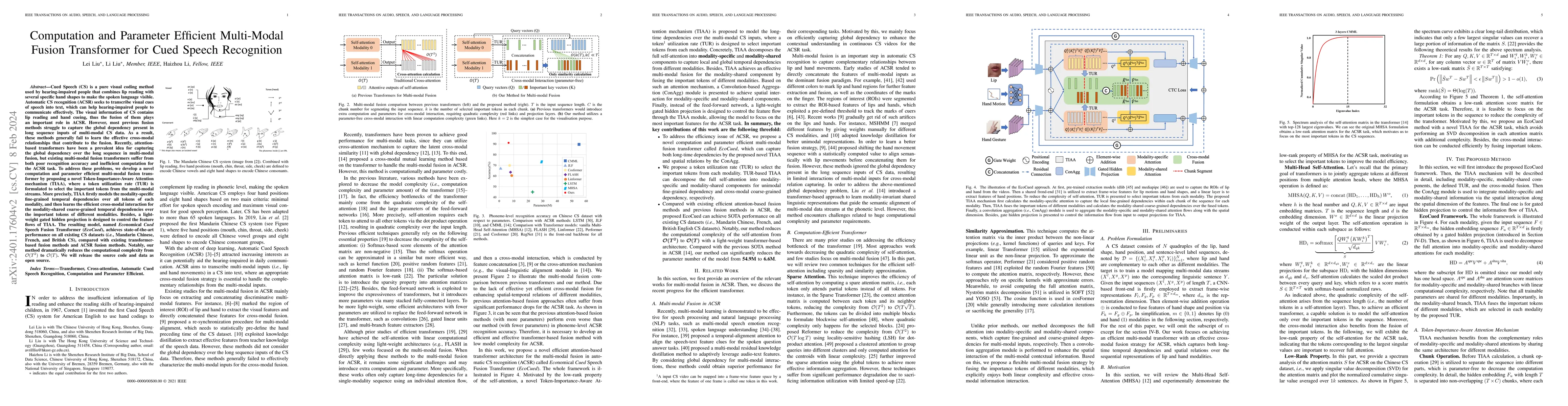 Thumbnail for Computation and Parameter Efficient Multi-Modal Fusion Transformer for
  Cued Speech Recognition