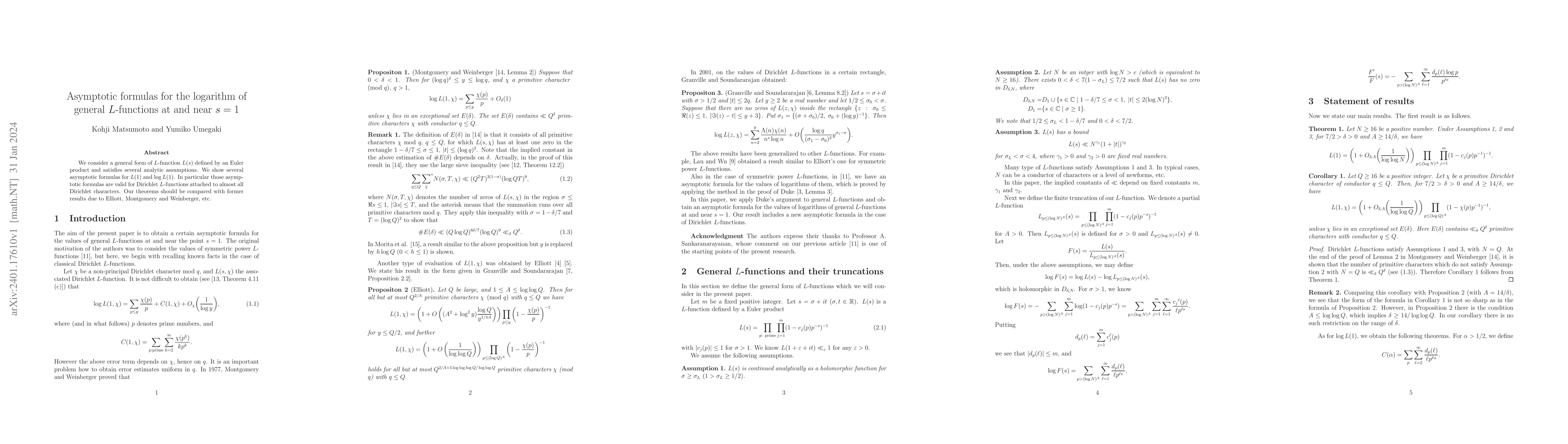 Thumbnail for Asymptotic formulas for the logarithm of general L-functions at and near
  s=1