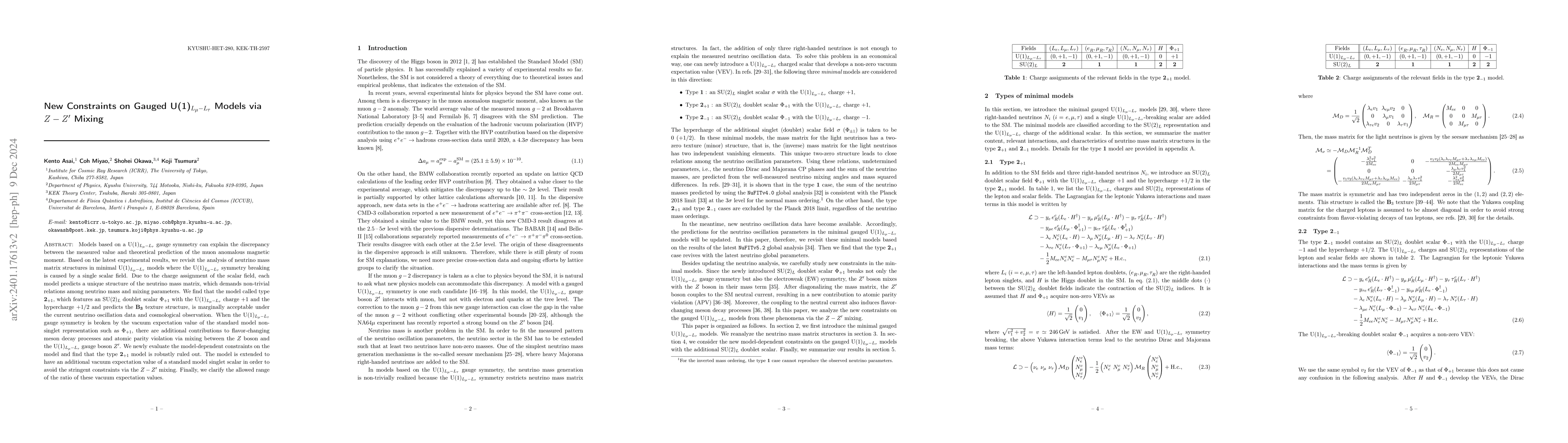 Thumbnail for New Constraints on Gauged U(1)$_{L_\mu-L_\tau}$ Models via $Z-Z'$ Mixing
